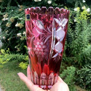 Vtg Lausitzer Cranberry Bohemian Glass Vase Cut To Clear